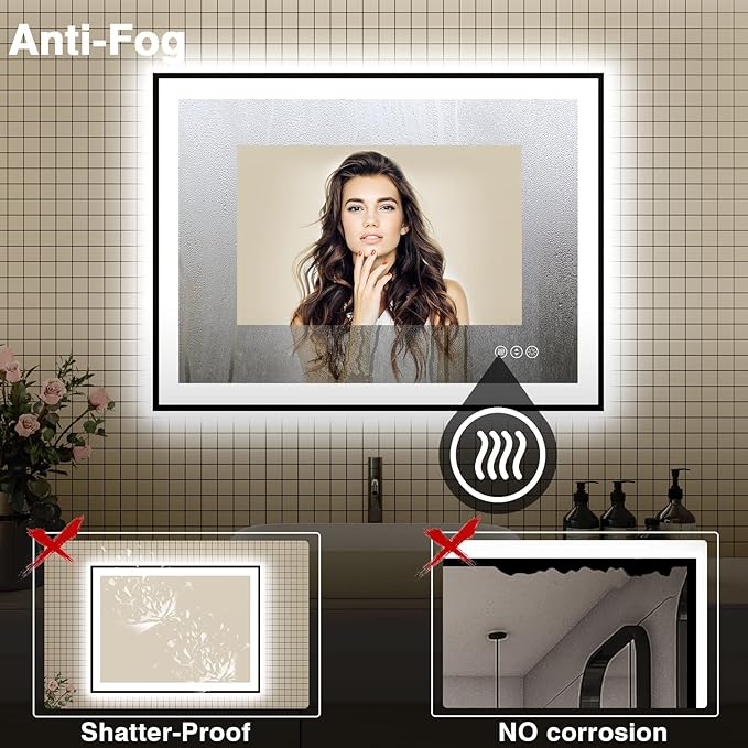 48x36 LED Bathroom Mirrors for Wall - Black Aluminum Framed(Front and Backlit),Anti-Fog Vanity Mirror with Lights,Stepless Dimmable Lighted Mirror,3 Colors Smart Mirror(Horizontal/Vertical)