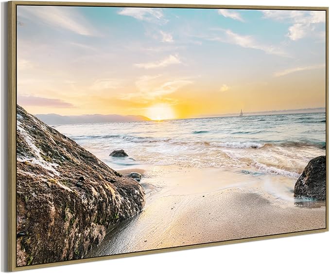 Canvas Wall Art Beach Picture: Large Coastal Sunset Scene Framed Artwork Sea Ocean Seascape Painting Seaside Rocky Seashore for Home Living Room Office Decor 48 x 32 Inch