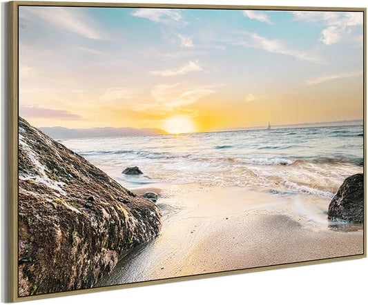 Canvas Wall Art Beach Picture: Large Coastal Sunset Scene Framed Artwork Sea Ocean Seascape Painting Seaside Rocky Seashore for Home Living Room Office Decor 48 x 32 Inch