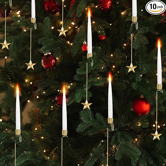 Christmas Tree Candles, 10 Pack Flameless Taper Candles for Christmas Tree Decor, Fake LED Candle Battery Operated with Remote for Xmas Wedding Home Gift with Gold Star Hook