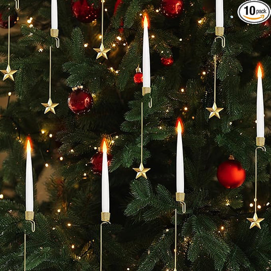 Christmas Tree Candles, 10 Pack Flameless Taper Candles for Christmas Tree Decor, Fake LED Candle Battery Operated with Remote for Xmas Wedding Home Gift with Gold Star Hook