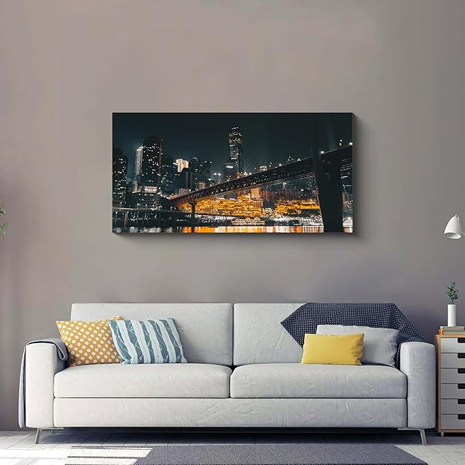 NAN Wind 1PCS Chongqing City Nightscape Canvas Wall Art Illuminated Chinese Skyline with Bridge Skyscrapers Modern Urban Landscape Photography Print for Living Room Office Bedroom Decor