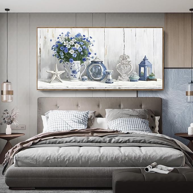 Nicetop Oversized Framed Wall Art for Living Room – Large Floral Canvas Print Blue and White Still Life Artwork Giant Shabby Chic Picture Bedroom Dining Room Office Beach Rustic Country Decor 58x29 Inch