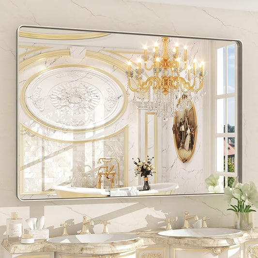 55x36 Silver Brushed Nickel Bathroom Mirror for Wall, Rounded Rectangle Silver Framed Bathroom Vanity Mirror, Anti-Rust, Shatterproof, Hangs Horizontally or Vertically