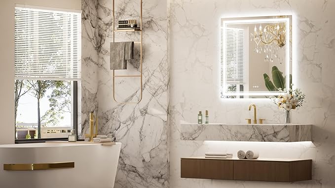 Keonjinn Led Bathroom Mirror with Lights, 36" x 36" Frontlit and Backlight, Stepless 3 Colors Temperature & Dimmable Wall Mirror, UL Listed LED Driver, Double LED Strips Tempered Glass Lighted Mirror