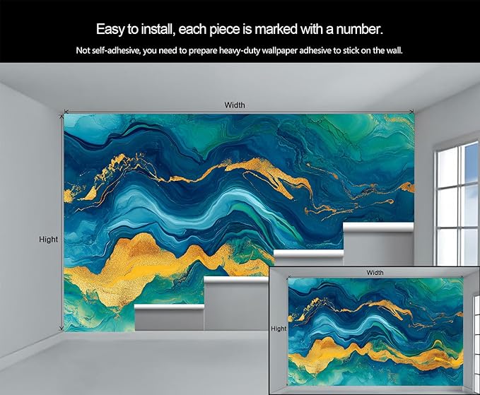 Blue Gold Marble Mural Wallpaper, 3D Turquoise Murals, Modern Fashion Marble Murals Wallpaper for Living Room Bedroom Tv Background Wall Home Decor Mural (Not Peel Stick)
