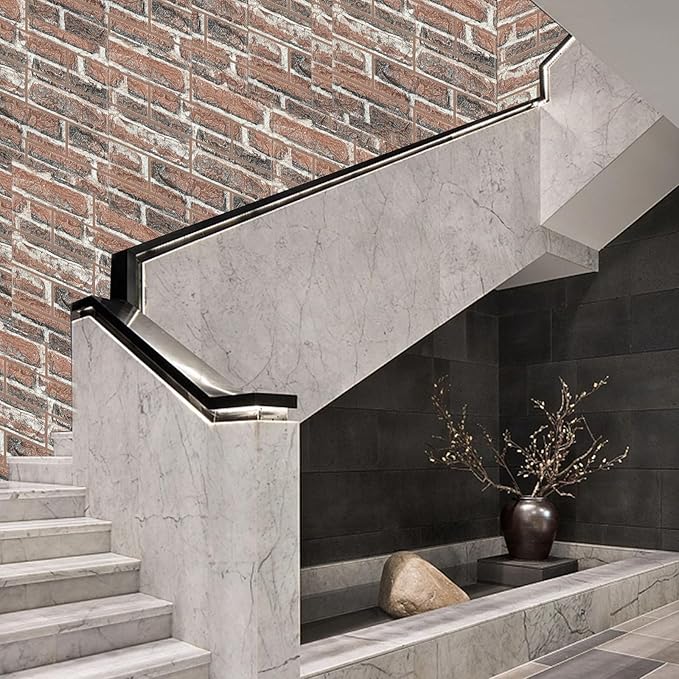 3D Wall Panels Peel and Stick in Red White Stone, 10 PCS XPE Foam Stone 3D Wallpaper, Faux Brick Wall Panels for Bedroom, Stairs, Kitchen