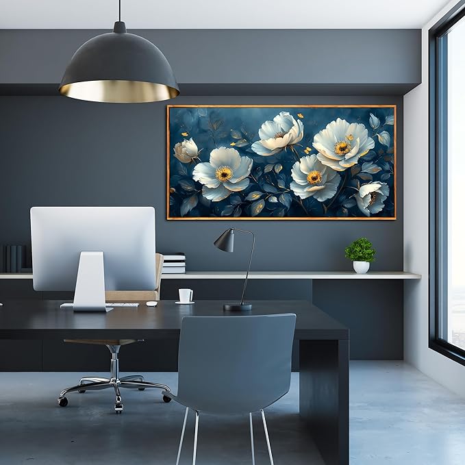 Ouzzlie White Floral Canvas Wall Art for Bedroom Large Blue Wall Decor Plant Picture Artwork 24" x 48"