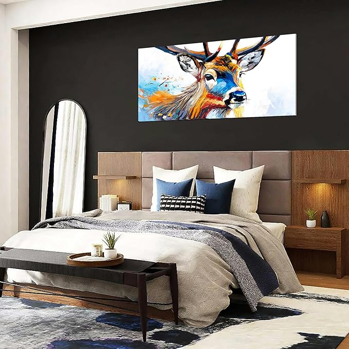 AmoyArt Deer Wall Art for Living Room, Animal Canvas Wall-Decor for Bedroom, Colorful Print Picture for Home, Large Size 58x29 Inches
