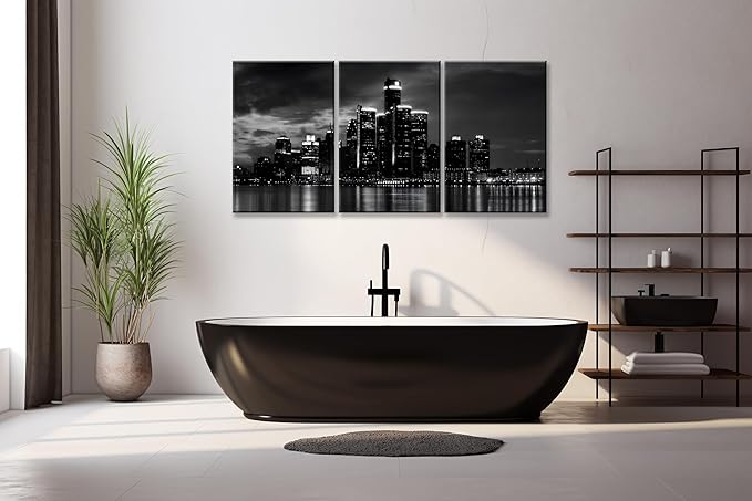 NAN Wind 3 Pcs Detroit Skyline Canvas Wall Art Cityscape Night Scene Black and White City Art Print on Canvas Modern Giclee Framed Painting for Room Decor Home Decor Detroit Skyline Picture Prints