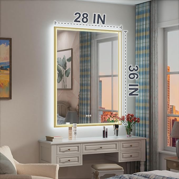 28x36 Inch Gold LED Bathroom Mirror with Front and Back Lights, Adjustable 3000K/4500K/6000K, Wall Mounted Lighted Bathroom Vanity Mirror, Dimmable, Anti-Fog, Horizontal/Vertical