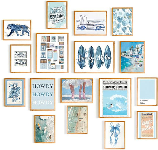 KBKBART Coastal Cowgirl Room Decor Aesthetic Set of 17, Coasta l Granddaughter Room Decor, Blue coastal Cowgirl Wall Art Prints, Trendy Beachy Wall Decor for Dorm Bedroom, Preppy Surf Posters for Teen Girls, Coastal cowgir l Decor (Unframed)