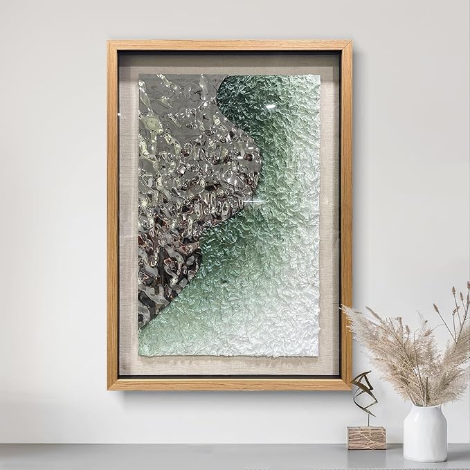 BrightA Embossed Metal Wave Wall Art - Hand-Painted Tissue Paper Gradient (Mist Green) and Silver 3D Wall Art, Contemporary Abstract Metal Sculpture for Living Room 27.5"x 39.4"