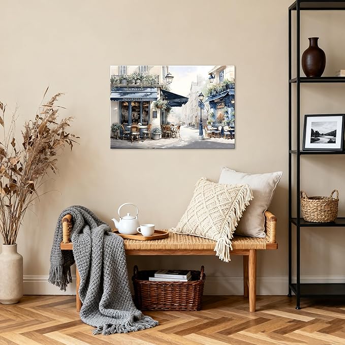 Modern Framed Street View Wall Art European Coffee Shop Canvas Print, Contemporary City Scene Painting, Vintage Cafe Artwork for Kitchen Dining Room Living Room, Bedroom Home Decor, Multi Size