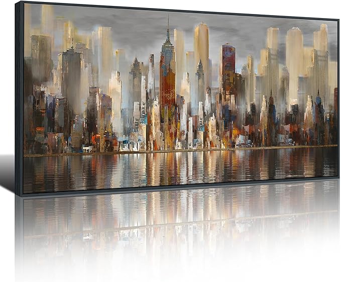 Mofutinpo Large Black Framed Cityscape New York abstract wall art Brown City Theme Paintings Modern Canvas office wall decor living room modern artwork Size 30x60