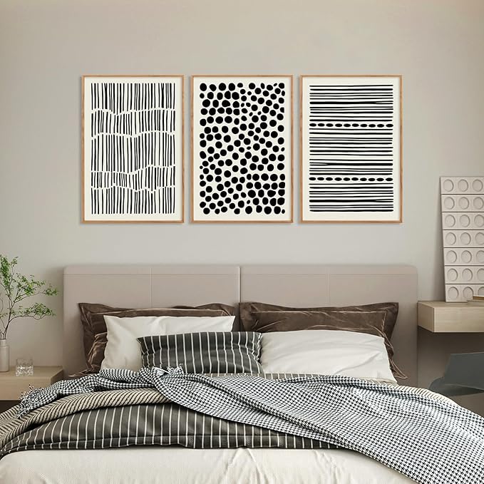 KAIRNE 3Pcs Black and White Boho Framed Canvas Wall Art Set, Minimalist Geometric Line Wall Decor, Abstract Black Wall Painting, Modern Neutral Art Print for Living Room, Bedroom, Kitchen 24x36inch