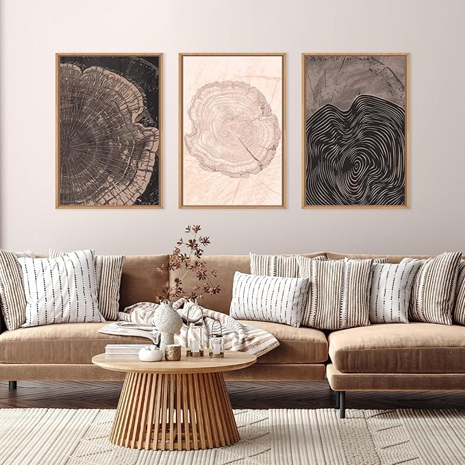 Beige Pastel Wood Tree Rings Framed Canvas Wall Art Set,Modern Nature Grey Wood Stump Wall Decor,Vintage Minimalist Tree Spiral Art Print for Living Room,Bedroom,Dining Room,Office-16 x24 x3