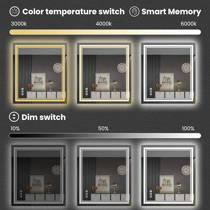 28 x 32 Inch LED Bathroom Mirror, Front Light and Backlit Anti-Fog Dimmable Memory Lighted Vanity Mirror, Shatterproof Wall-Mounted Led Mirror for Bathroom