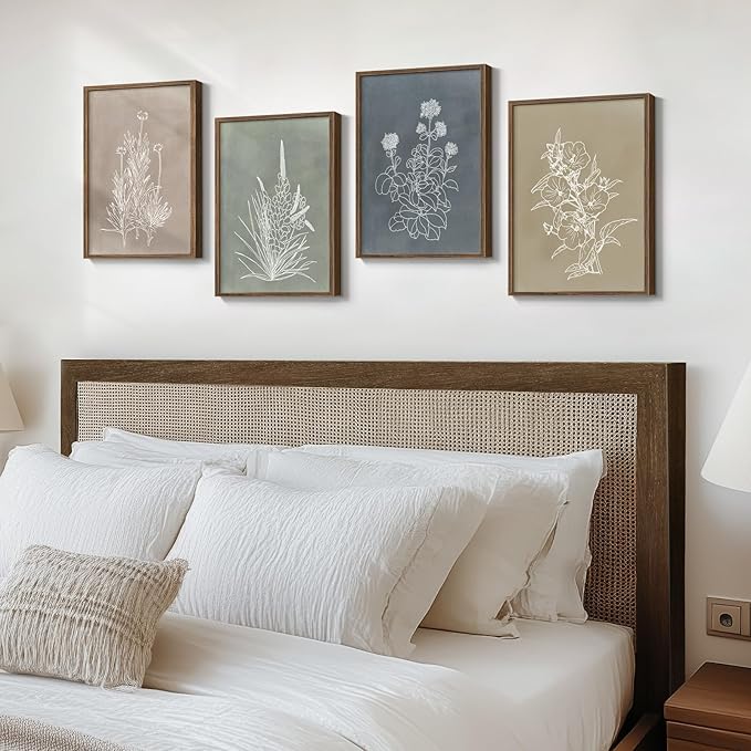 Boho Framed Botanical Wall Art for Bedroom, 4 Piece Vintage Neutral Floral Canvas Painting Prints for Modern Farmhouse, Minimalist Rustic Flower Pictures for Living Room Kitchen Dining Room Home Decor