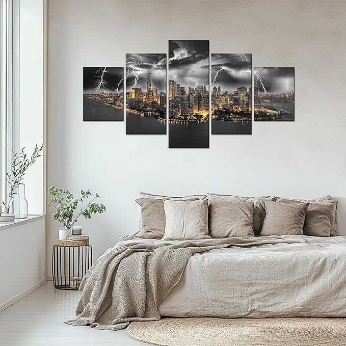 Cawpom Black and White New York Wall Art Manhattan Panoramic Wall Decor Nature Lightning Strikes Picture Canvas Print Storm Cityscape Painting Poster Frame Home Living Room Decoration(60x32 inches)