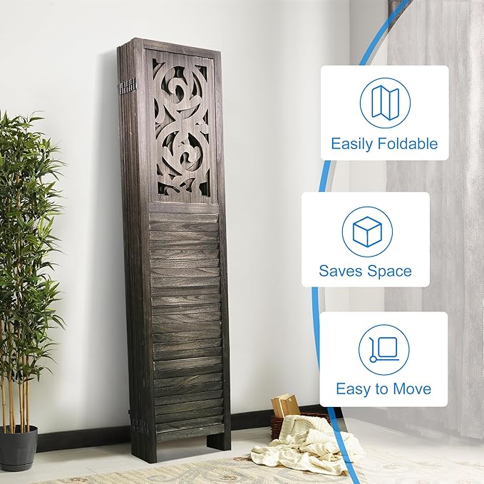 8 Panel Room Divider 5.6FT Wood Carved Room Dividers, Folding Privacy Screens Portable Freestanding Partition Wall Dividers for Bedroom, Office, Rustic Brown