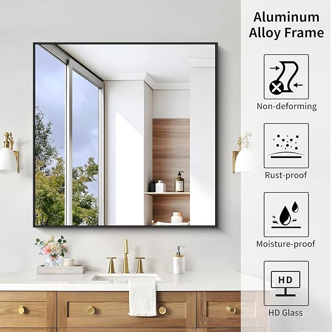 KOCUUY Black Bathroom Mirror, 36x36 Inch Square Mirror for Over Sink, Modern Decorative Wall Mirror for Bedroom Living Room Bathroom, Hang Horizontal/Vertical