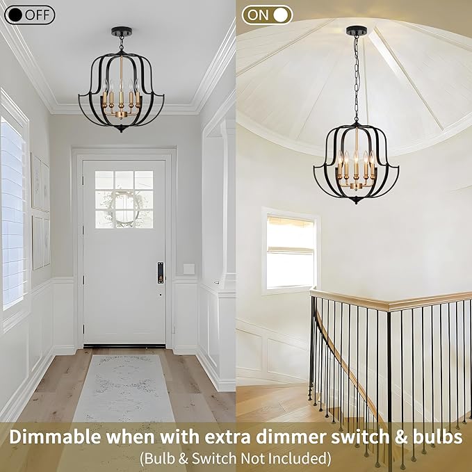 19" Black and Gold Chandelier for Dining Room, 5-Light Rustic Farmhouse Chandeliers Modern Industrial Hanging Pendant Light for Kitchen Entryway Hallway Foyer Living Room