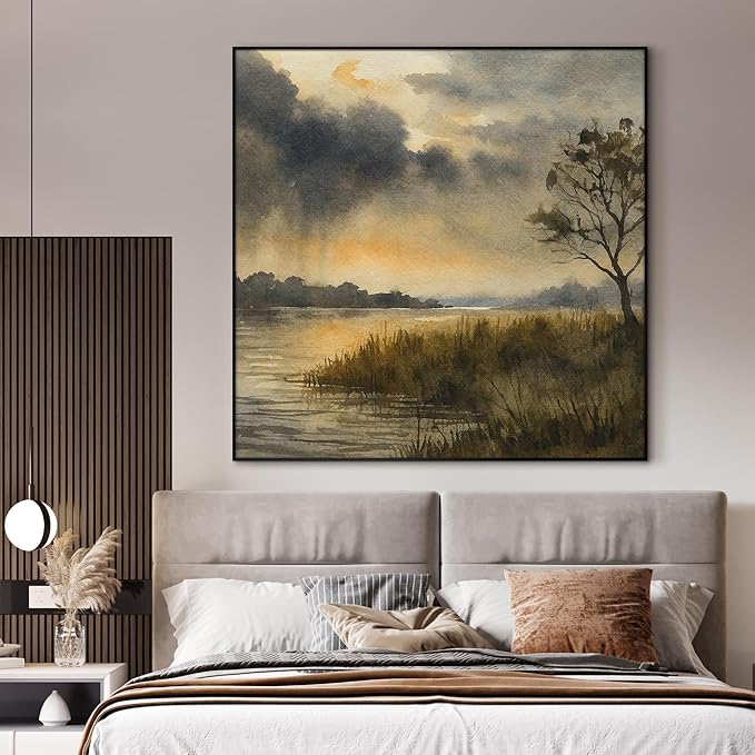 46"x46" XL Framed Wall Art - Golden Dusk River Landscape Watercolor Nature Scene (Frame Assembly Required)