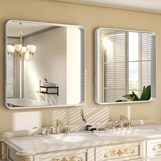 30"x 30" Silver Bathroom Mirror - Aluminum Framed Wall Mirror, Bathroom Wall Mounted Vanity Mirror, Modern Bathroom Mirror, Bedroom, Living Room Wall Mirror, Hang Horizontally or Vertically