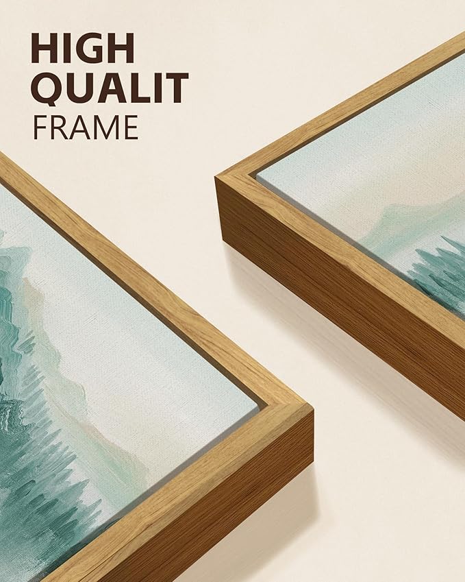 KUVIOKE Fog Pine Tree Mountain Landscape Framed Wall Art Watercolor Nature Misty Forest Painting Vintage Farmhouse Rustic Wall Decor for Bedroom Hallway 11x14in (Natural Framed)