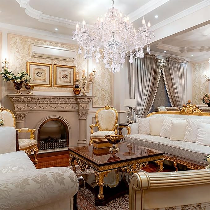 18-Light Double Layer Crystal Chandelier Transparent Modern Ceiling Pendant Light with K9 Crystal for Living Room Dining Room Bedroom Kitchen (Clear 18)