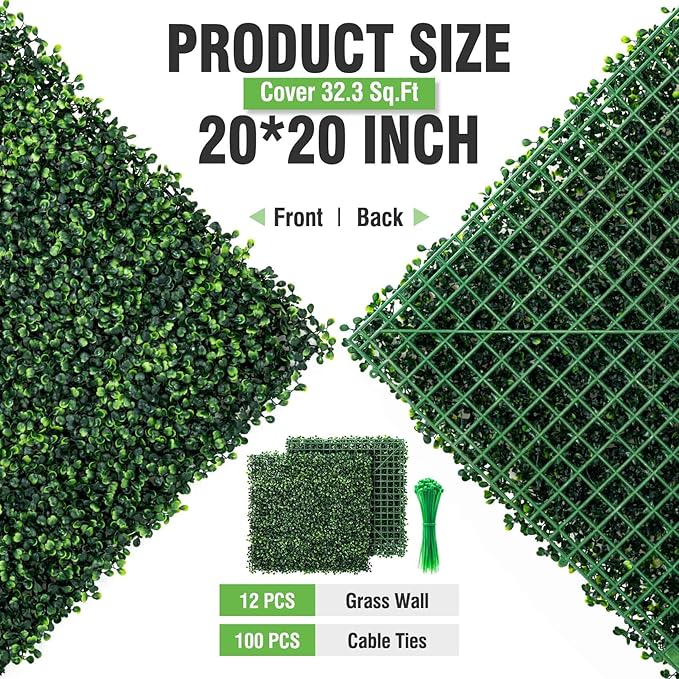 KASZOO 12Pack 20"x20" Artificial Boxwood Grass Backdrop Panels Topiary Hedge Plant, UV Protected Privacy Hedge Screen Faux Boxwood for Outdoor,Indoor,Garden,Fence,Backyard,Greenery Walls