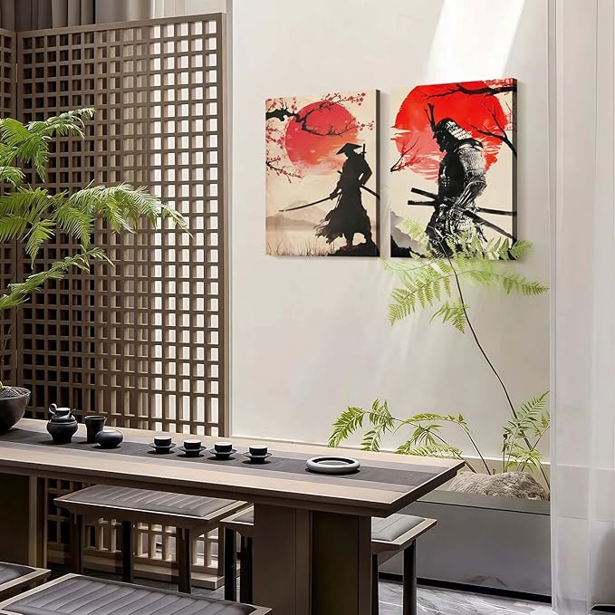 2Pcs Framed Japanese Warrior Canvas Wall Art Samurai Poster Prints Traditional Bushido Artwork Gallery Quality Wall Decor Living Room Bedroom Office Apartment 16X24 Inch Ready to Hang