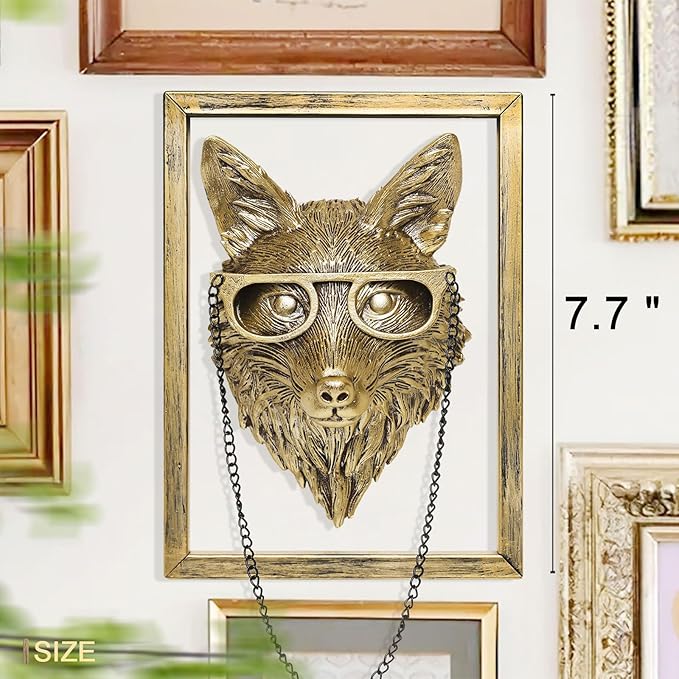 Newinhome Animal Heads Wall Decoration (Gift Metal Frame) Resin Animals Sculptures Head Wall Hanging Decor Gold vintage Wall Sculpture for Living Room Bedroom Office(Fox)