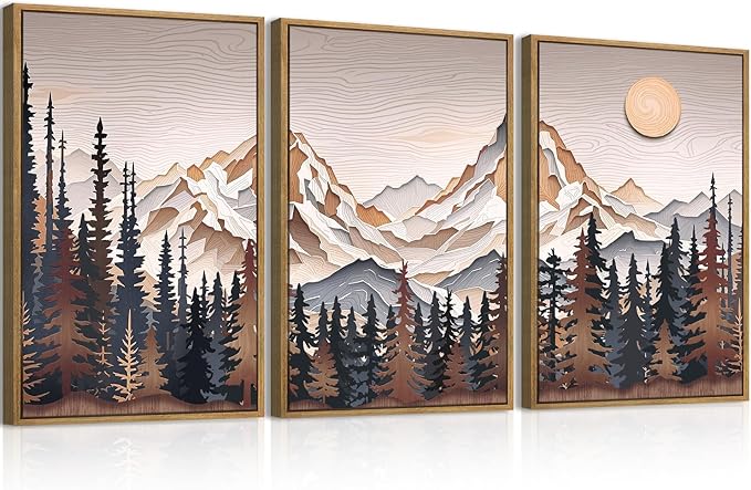 Anyzal Large Mountain Wall Art Pine Tree Forest Wall Decor Modern Abstract Mountain Range Painting Set of 3 for Living Room Bedroom Office 16x24 Inch