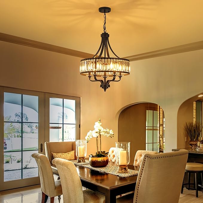 Modern Black Crystal Chandelier,5-Light Farmhouse Dining Room Light Fixture Over Table Adjustable Height Hanging Industrial Pendant Lights Kitchen Island,Living Room Kitchen Island Entryway