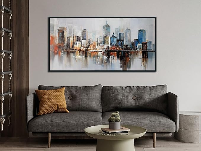 Arjun NYC Skyline Wall Art Framed Canvas Modern New York Abstract Cityscape Painting, Brooklyn Bridge Textured Picture for Living Room Bedroom Home Office Wall Decor, Large Black Wood 40"x20"