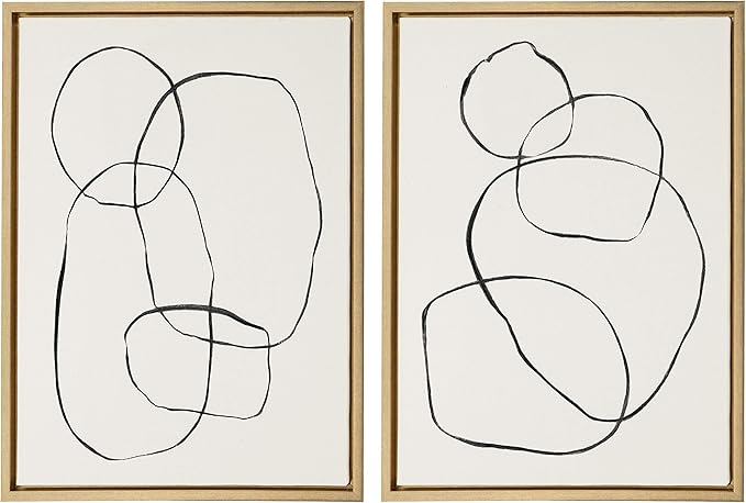 Kate and Laurel Sylvie Modern Circles and Going in Circles Framed Linen Textured Canvas Wall Art by Teju Reval, 2 Piece 18x24 Gold Abstract Wall Decor