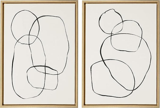 Kate and Laurel Sylvie Modern Circles and Going in Circles Framed Linen Textured Canvas Wall Art by Teju Reval, 2 Piece 18x24 Gold Abstract Wall Decor