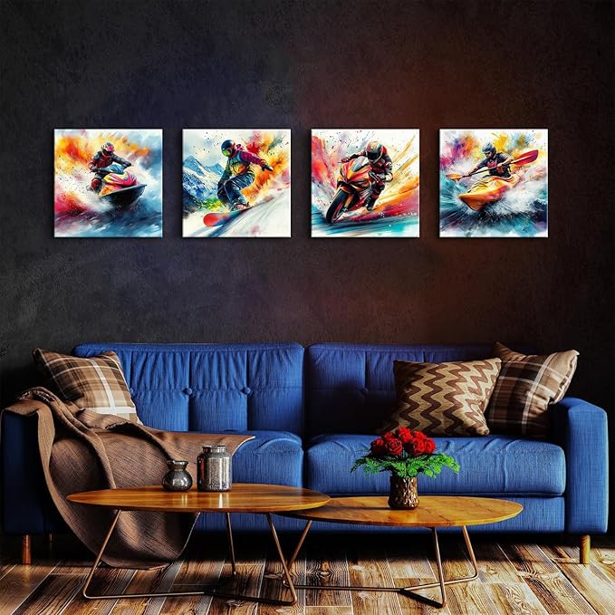 Leisure Sports Canvas Wall Art for Mens Bedroom Wall Decor Abstract Watercolor Skiing Surfing Pictures Colorful Jet Ski Athlete Framed Artwork Teenager Boys Room Decor Cool Home Decoration 16x16 4Pcs