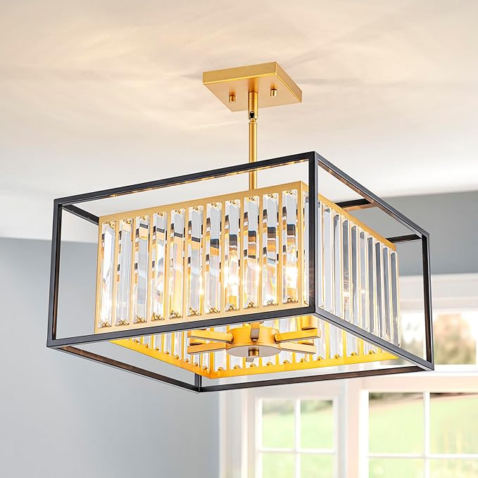 6-Light K9 Crystal Chandelier, Modern Style Pendant Light Fixture for Dining Room, Living Room, L16.5*W16.5*H17~47 inch (Adjustable Height), Gold & Black Finish Frame