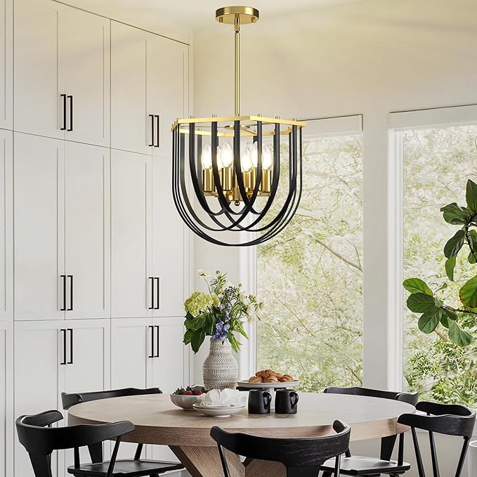 6-Light Modern Farmhouse Chandelier, Black and Gold Dining Room Light Fixture, Hanging Pendant Lights Kitchen Island, Foyer Lighting Fixtures with Metal Frame, for Living Room, Bedroom, Entryway