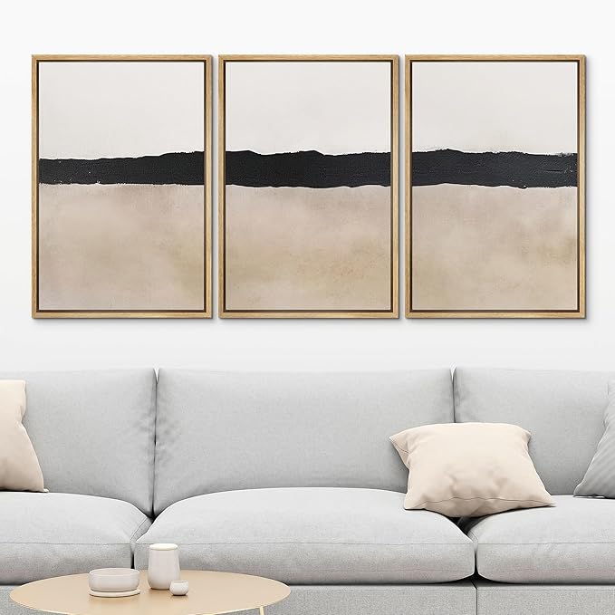 MUDECOR Framed Wall Art Print Set Minimalist Abstract Black Horizontal Brushstroke Illustrations Modern Art Boho Decorative Colorful Chic for Living Room, Bedroom, Office - 16"x24"x3 Natural