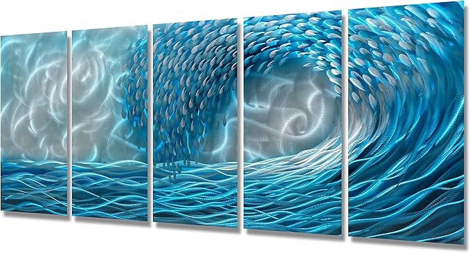 BATRENDY ARTS Modern Sea Wave Metal Wall Art 3D Beach Hanging Scuplture Hand Polished TropicalHome Accent Multi Panel Artwork Ready to Hang
