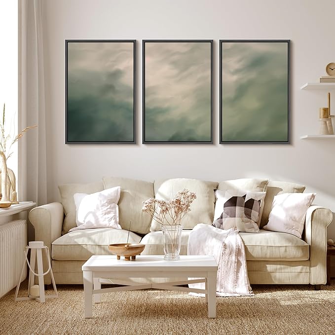 MUDECOR Framed Wall Art Print Set Soft Green Cloudscape Tranquil Abstract Nature Illustrations Modern Art Boho Decorative Colorful Chic for Living Room, Bedroom, Office - 16"x24"x3 Black