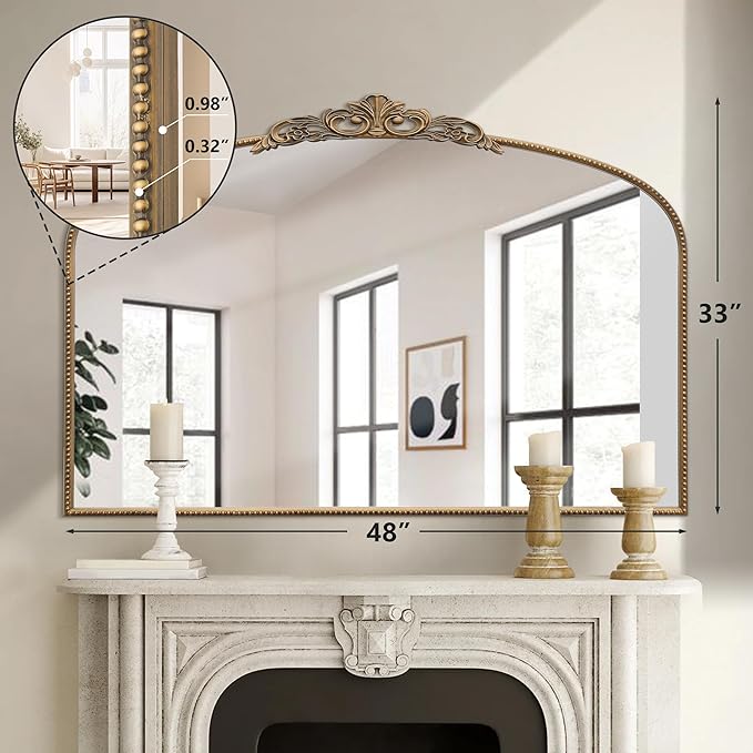 Micasso Large Vintage Gold Mirror: 48"x 33" French Baroque Antique Mirror - Traditional Ornate Decorative Wall Mounted Arched Mirrors for Wall/Mantel/Entryway/Hallway - Home Decor for Living Room