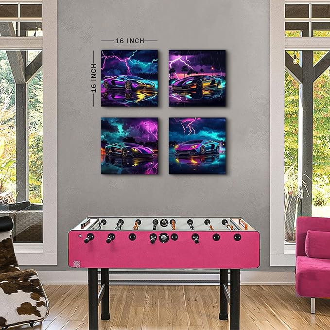 Lamborghini Car Posters Fashion Lightning Landscape Vehicle Pictures Boys Room Decor Modern Black and White City Street Racing Vehicle Prints Painting Guys Dorm Garage Office Home Decoration 16x16" 4P