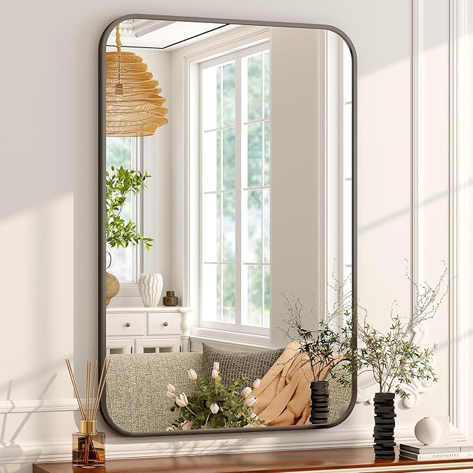 24 x 36 Inch Bathroom Mirror, Rounded Rectangular Vanity Mirror for Wall, Modern Mirror for Room Decor, Black Framed Wall-Mounted Mirrors for Home Decor, Hangs Horizontally or Vertically