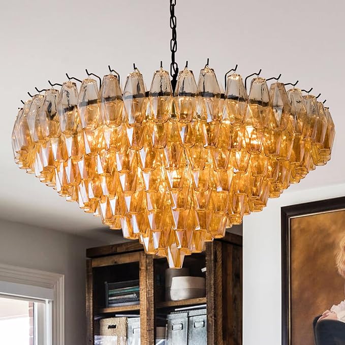 Large Chandelier, 37" Smoke Glass Chandelier for Living Room, 14-Light Round Drum Kitchen Island Hanging Light Fixture Perfect for Dining Room, Bedroom,Kitchen, Foyer- Black