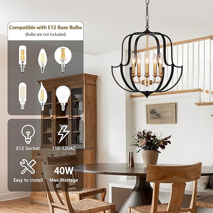 19" Black and Gold Chandelier for Dining Room, 5-Light Rustic Farmhouse Chandeliers Modern Industrial Hanging Pendant Light for Kitchen Entryway Hallway Foyer Living Room